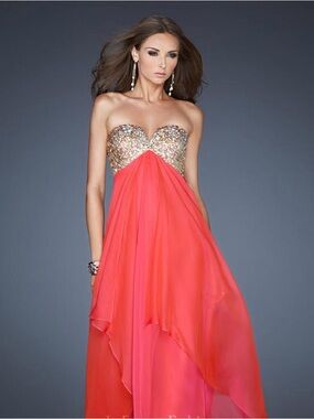 PromGirl Coral Pink Strapless Sequin Bust Gown